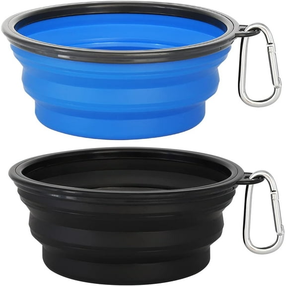 Large Collapsible Dog Bowl 2 Pack, 34oz Foldable Dog Travel Bowls, Portable Dog Water Food Bowl with Clasp, Pet Cat Feeding Cup Dish for Traveling, Walking, Hiking (Black Blue)