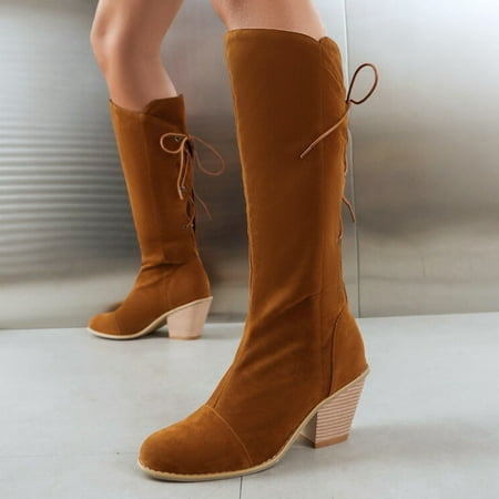 

YOUSNH Women High Heel Boots Fashionable New Pattern Simple Solid Color Retro Round Toe Thick Heels Comfortable Autumn and Winter Lace up Shoes Boots for Women Brown 9