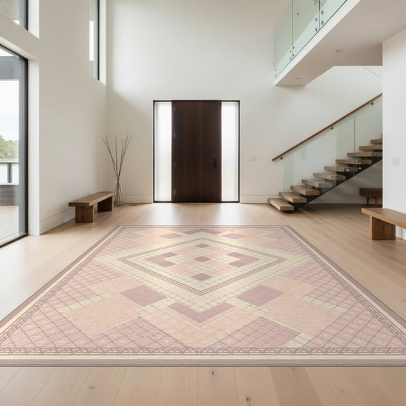 Design&I 8'x10' Washable Area Rug Sleek Flatweave Pet Friendly Pink Blush Geometric Cross Dot Vintage Interlocking Mauve Argyle for King Size Bedroom, Under Bed