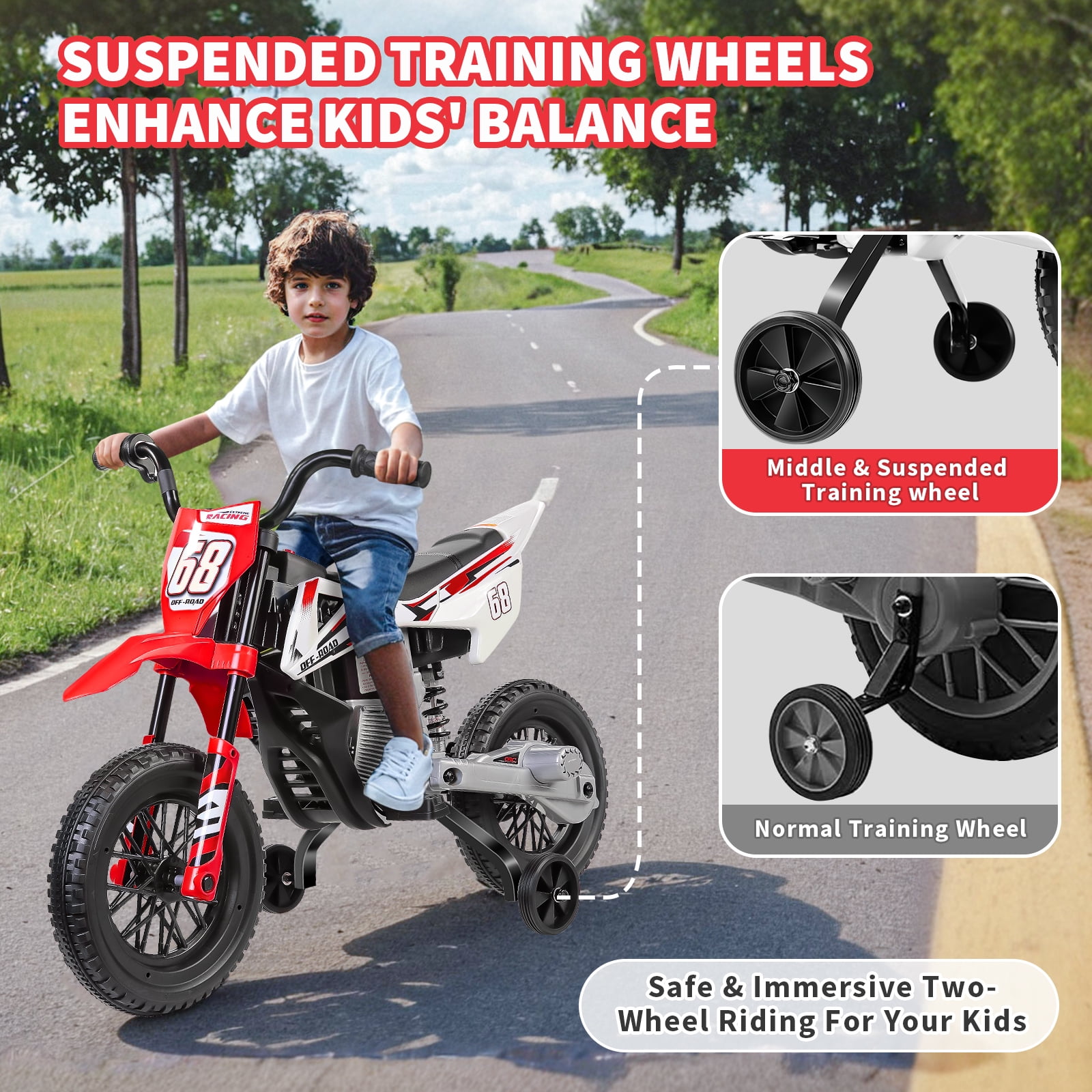 Funcid 12V Electric Dirt Bike with Twist Grip Throttle, Ride on Motorcycle with 2 Training Wheels, Suitable for Ages 3-8, Bluetooth, MP3, Dual Motors, Spring Suspension