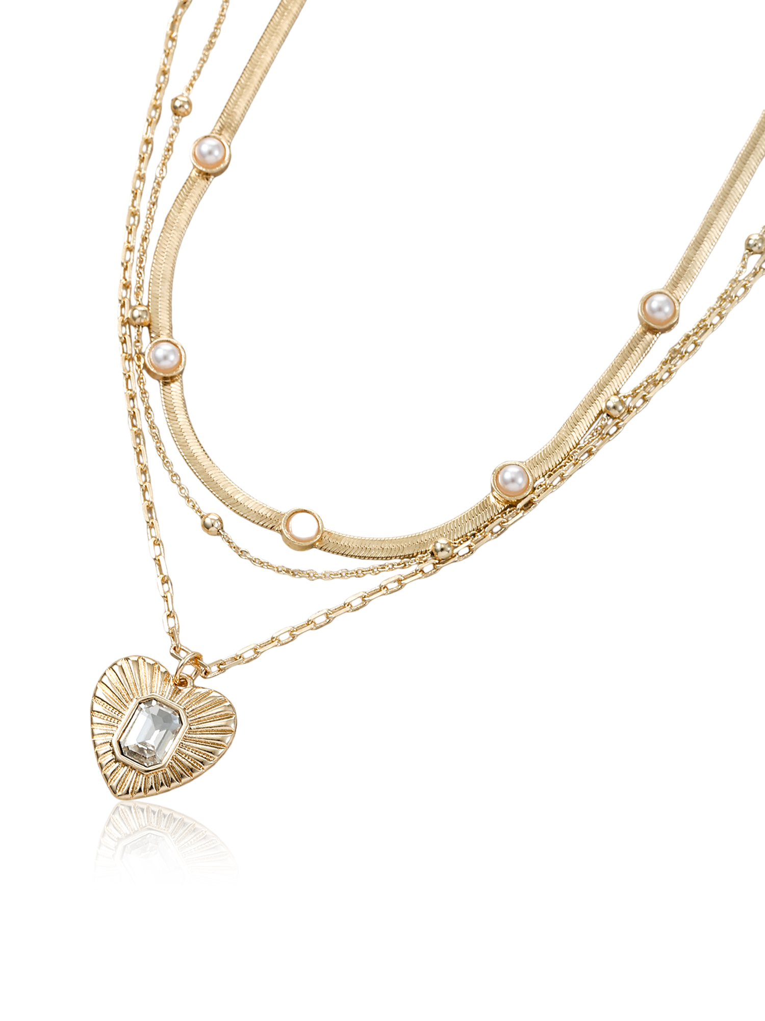 Time and Tru Gold Tone Layered Heart Necklace Set, Female, 3 Pieces
