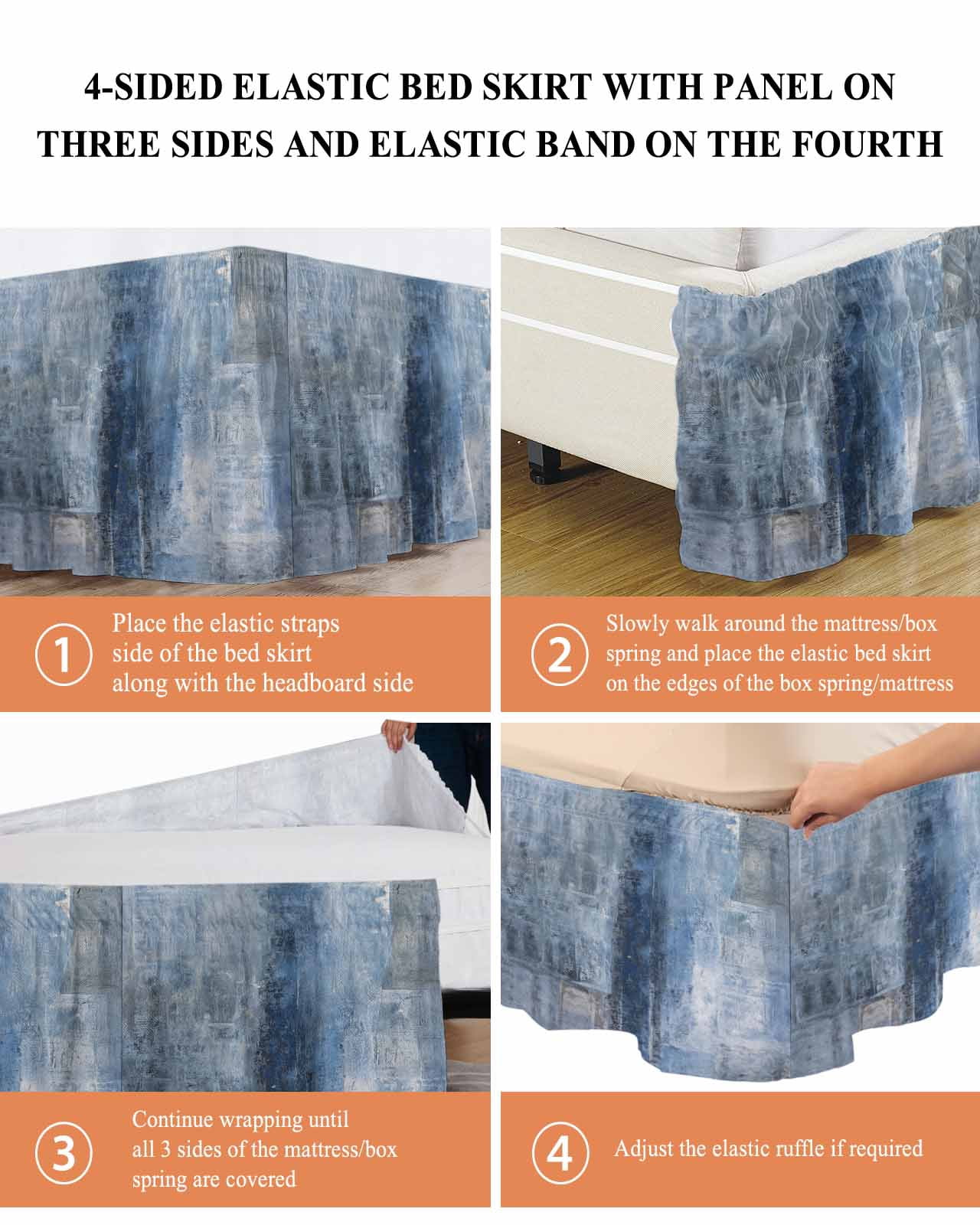 Blue Wrap Around Bed Skirts for King Bed 18" Drop,Bed Skirt with Adjustable Elastic Belt Dust Ruffle Bed Valance for Bedroom Hotel Retro Oil Painting Modern Abstract Art Aesthetics Bed Frame Cover