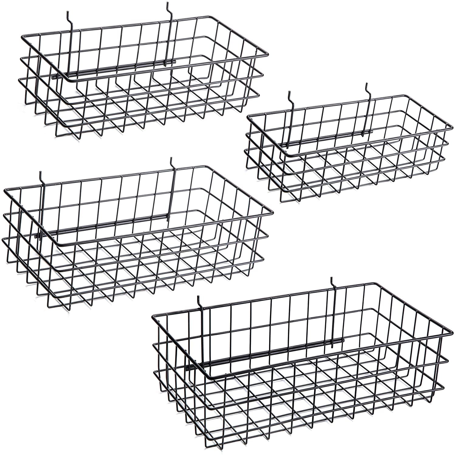 Pegboard Baskets, Set of 4 Black Hooks to Any Peg Board Square Style Wire Shelf Baskets