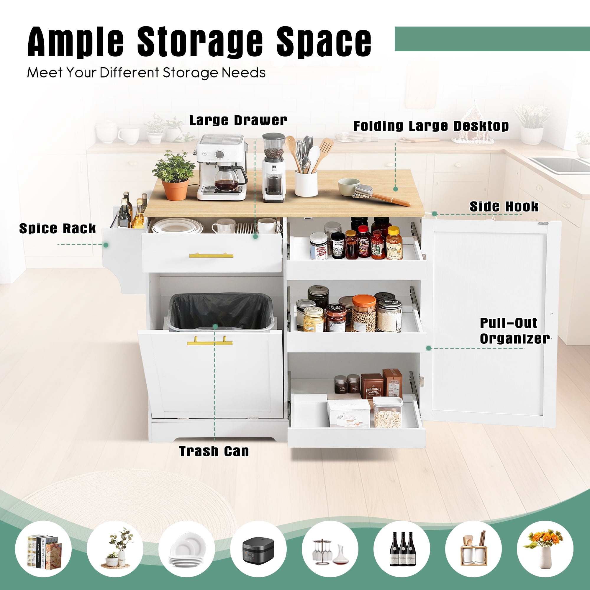 Haverchair 39.7" Kitchen Island with Drop Leaf and Storage Cabinet, Mobile Kitchen Rolling Bar Cart with Trash Can Cabinet and Drawer, Modern Island Table for Kitchen with Spice Rack and Towel Rack