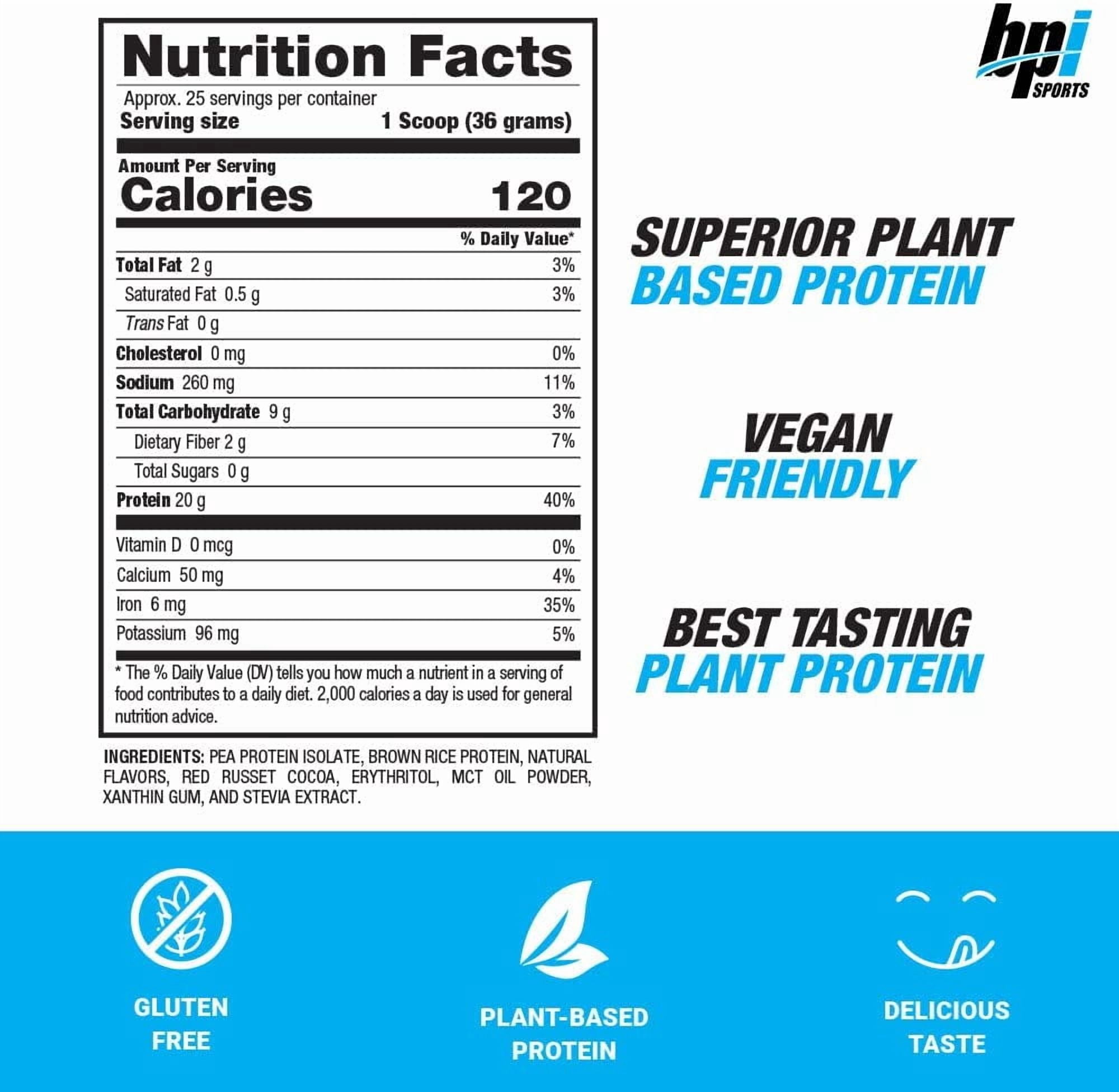 BPI Sports Vegan Protein Powder, Pea and Brown Rice Protein, Chocolate, 20g Protein, 1.9 lbs, 25 Servings