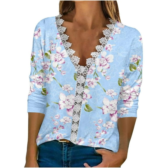 LEAVINGSUO Blouses for Women Women's Fashion T-Shirt Floral Printed Lace Three Quarter Sleeve Blouse V-Neck Casual Tops