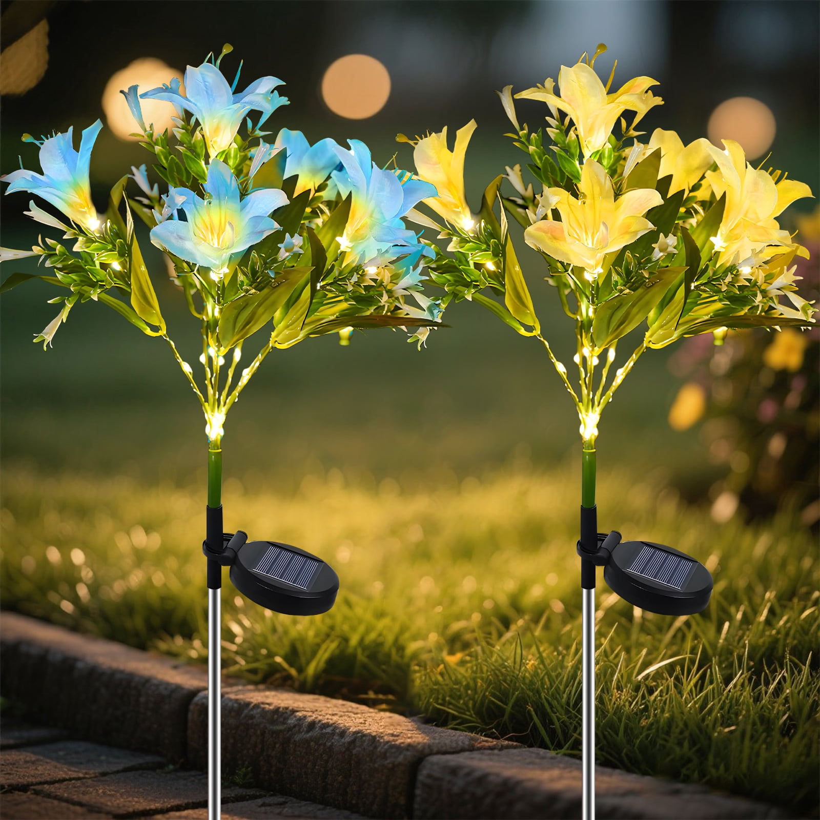 Rirool 4 Pack Solar Flower Lights Outdoor, 28 LED Waterproof Garden Lights with 4 Colors, Decorative Solar Lily for Yard Pathway, Lawn, Camping Decor (Yellow/Blue/White/Pink)