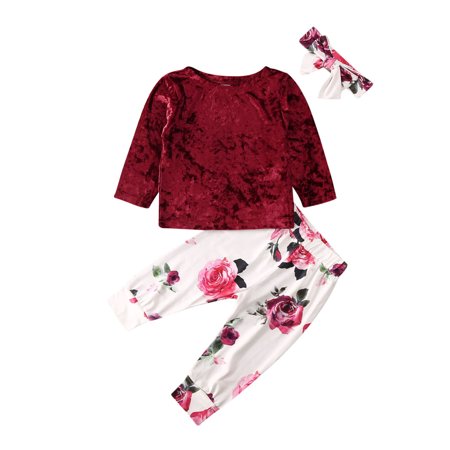 

3PCS Newborn Baby Kids Girl Velvet Tops T-Shirt Floral Long Pants Outfit Clothes 0-3 Years