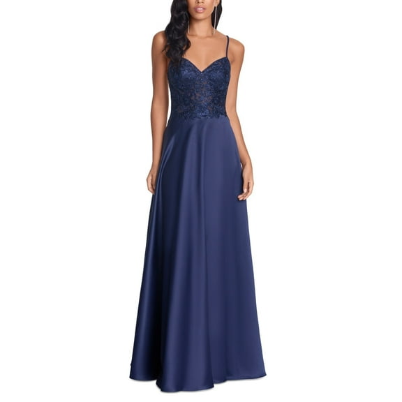 Blondie Nites Juniors' Lace-Up-Back Gown Navy Size 5