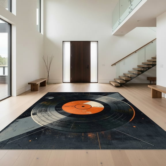 Design&I 8'x10' Washable Area Rug Snag-Free Vinyl Record Retro Spinning Disc With Concentric Groove Rings for Dining Room, Large Office, Lounge