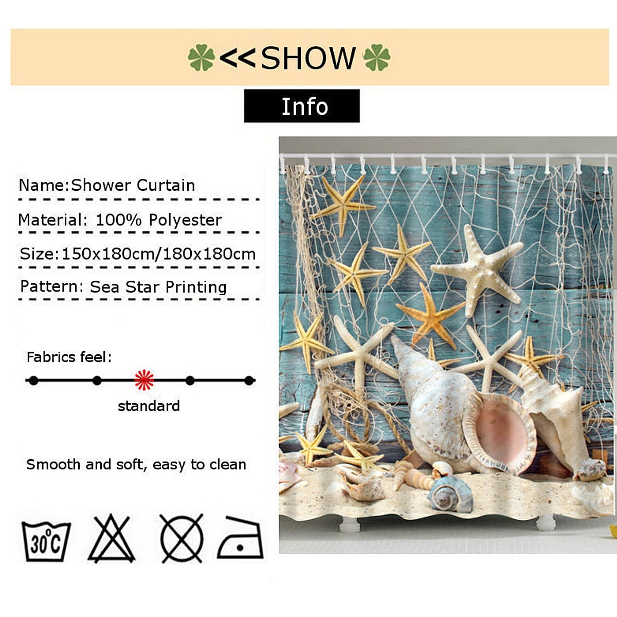 BSHAPPLUS 71"x71" Sea Shell Shower Curtain Waterproof Beach Curtain Decor Bathroom Set + 12 Hooks Rings Home Decor