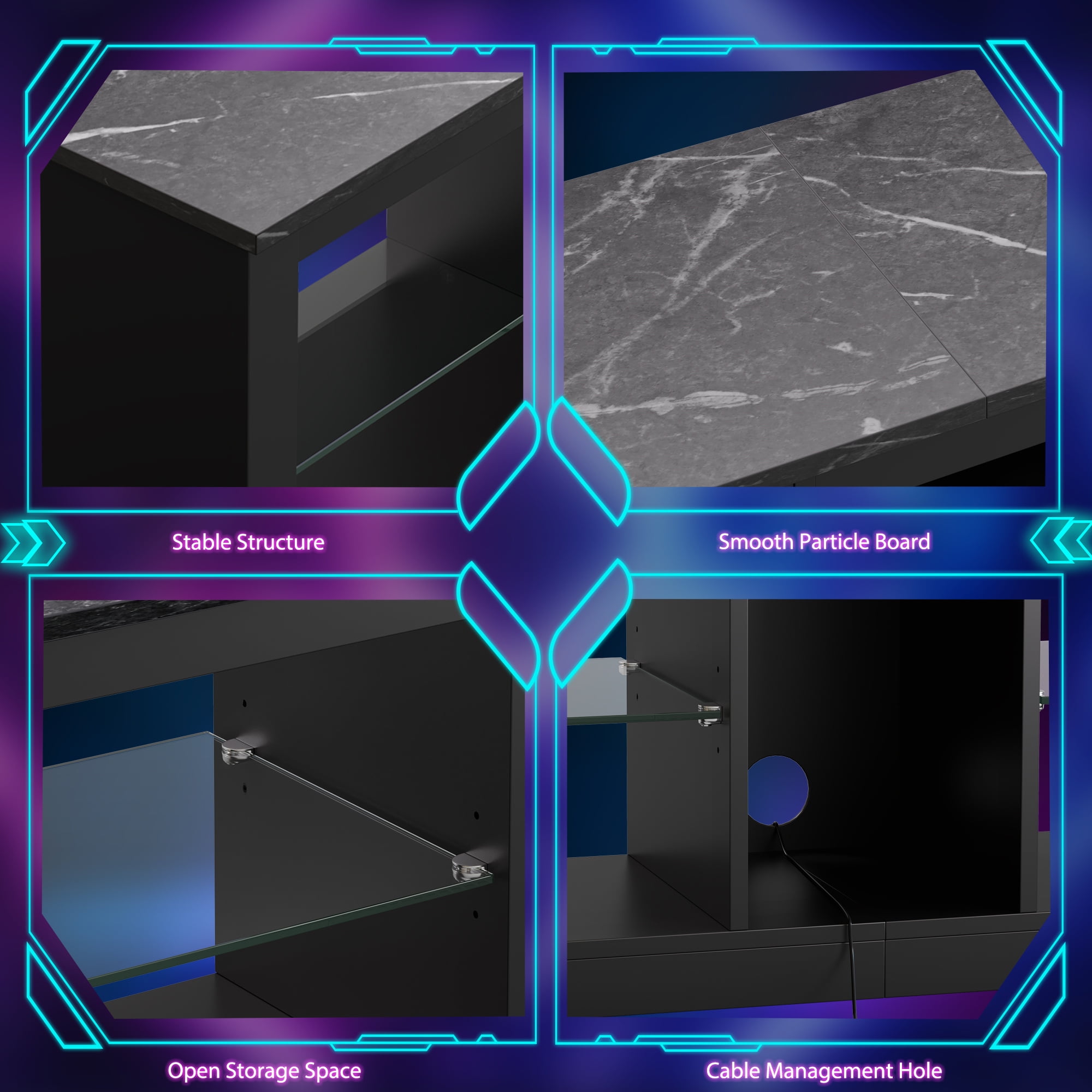 Bestier TV Stand with Power Outlets and Storage Shelves, LED Entertainment Center for TVs up to 60", Black Marble