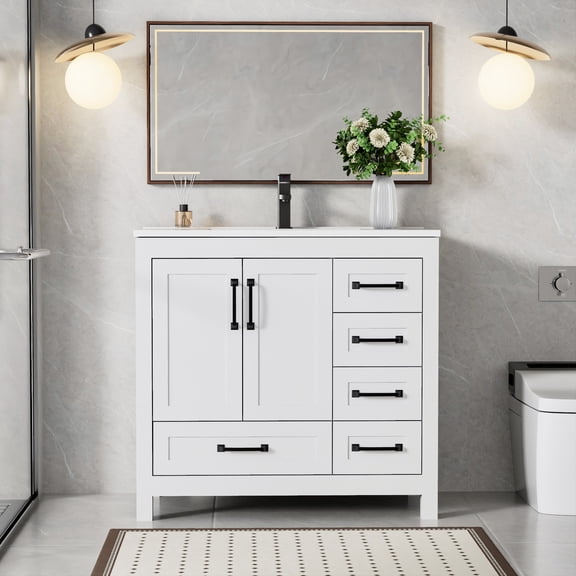 Eclife 36" Integrated Bathroom Vanity with Sink, Single Sink Modern Cabinet, Soft-Touch Water-Resistant Surface