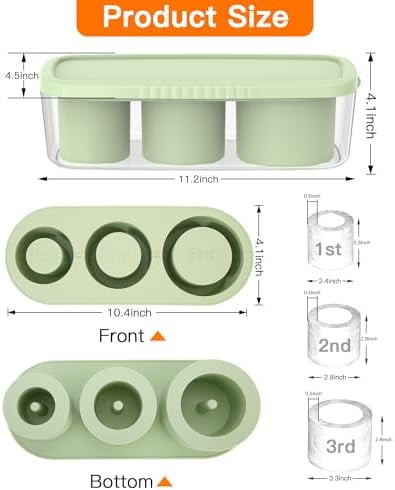 Ice Cube Tray for Tumbler Cup 30Oz-40Oz, 3 Pcs Silicone Cylinder Ice Mold with Lid and Bin for Freezer, Easy Fill and Release Ice Maker for Whiskey, Cocktail BPA-Free (Green, 40Oz-Type2)