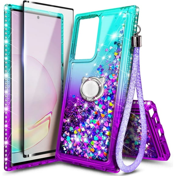 Nagebee Case for Samsung Galaxy Note 20 Ultra 5G with Screen Protector (Soft Full Coverage), Sparkle Glitter Liquid Bling [Ring Holder & Wrist Strap] Women Case (Aqua/Purple)