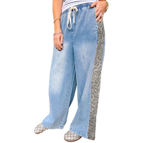 Women's Beau Blue Wide Leg Jeans with Leopard Striped Side Panels – Casual Everyday Style, 16