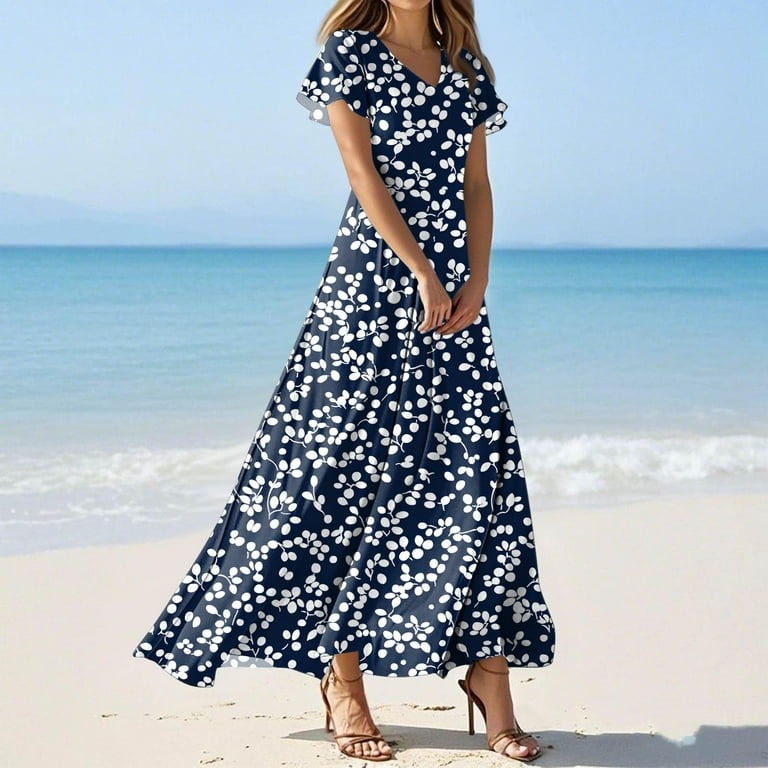 vigerkar Women's Flowy Chiffon Maxi Dress - Floral Print Beach Cover Up  with V-Neck, Ruffle Sleeves for Vacation Dark Blue, 3XL - Walmart.com
