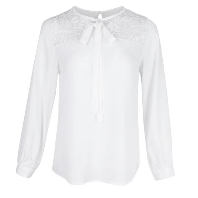 Camisa de gasa de retazos de encaje de manga larga azul / blanca Blusa informal de corte holgado para mujer S Soledad Camisa de gasa