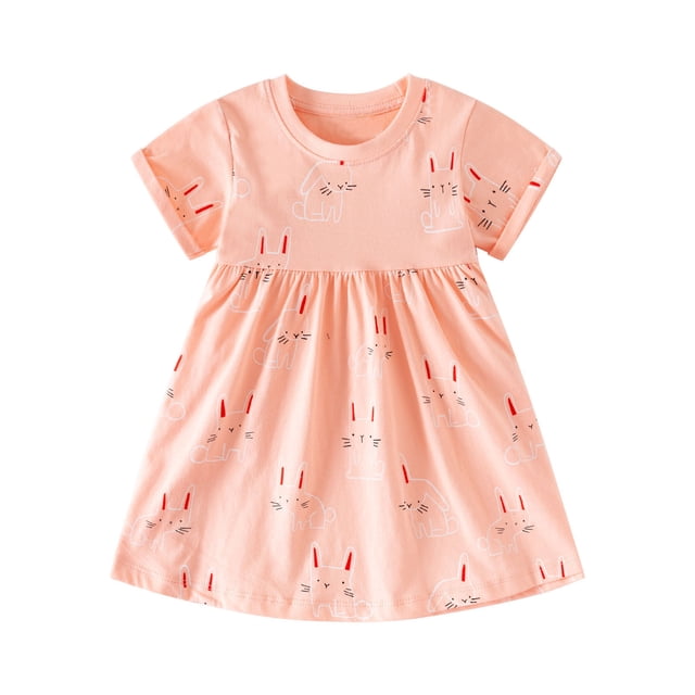 FFENYAN Robe d'Été à Col Rond et Manches Courtes en Coton Pur Imprimé pour Filles de 2 à 7 Ans - Parfaite pour un Usage Quotidien et pour des Occasions Spéciales