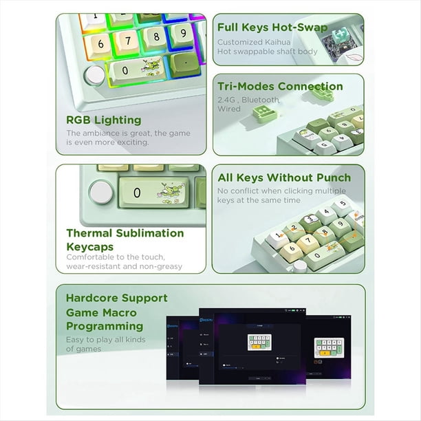 Teclado Mecánico Digital Intercambiable en Caliente de Modos Definición Macro Teclado Mecánico para Juegos RGB Perilla Hardware Verde