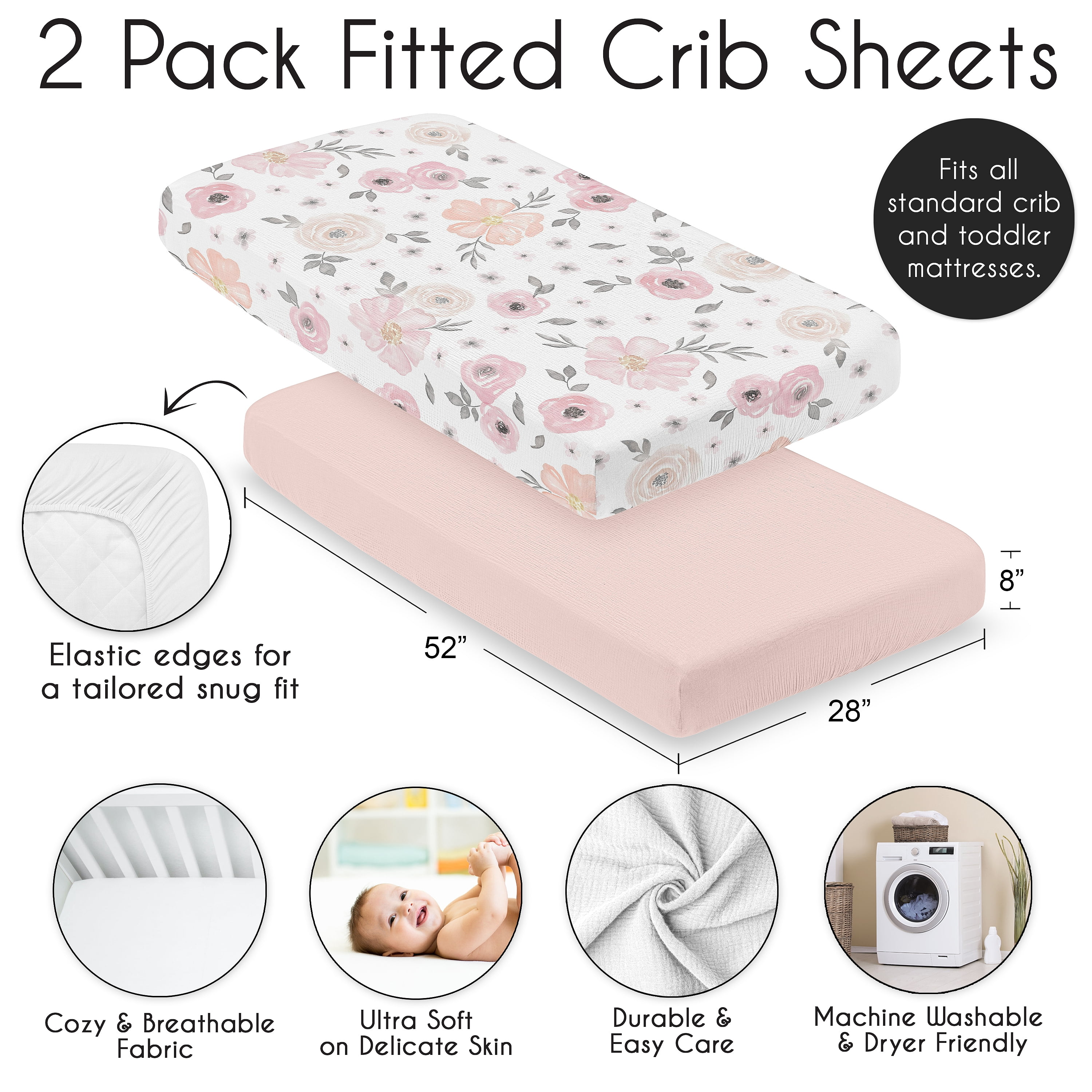 Sweet Jojo Designs Watercolor Floral Pink and Grey Girl 100% Cotton Muslin Fitted Crib Sheets Set 2 Piece