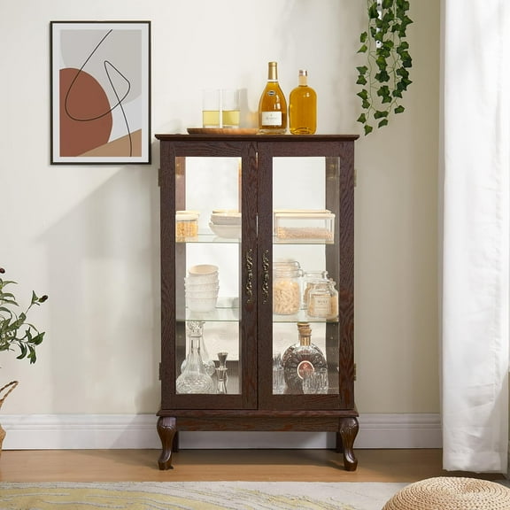 3-Tier Lighted Glass Display Curio Cabinet with 2 Tempered Glass Doors,Curio Case with Mirrored Back Panel & Adjustable Shelves,Wine Artwork Display Cabinet for Living Room,Kitchen(Cherry)