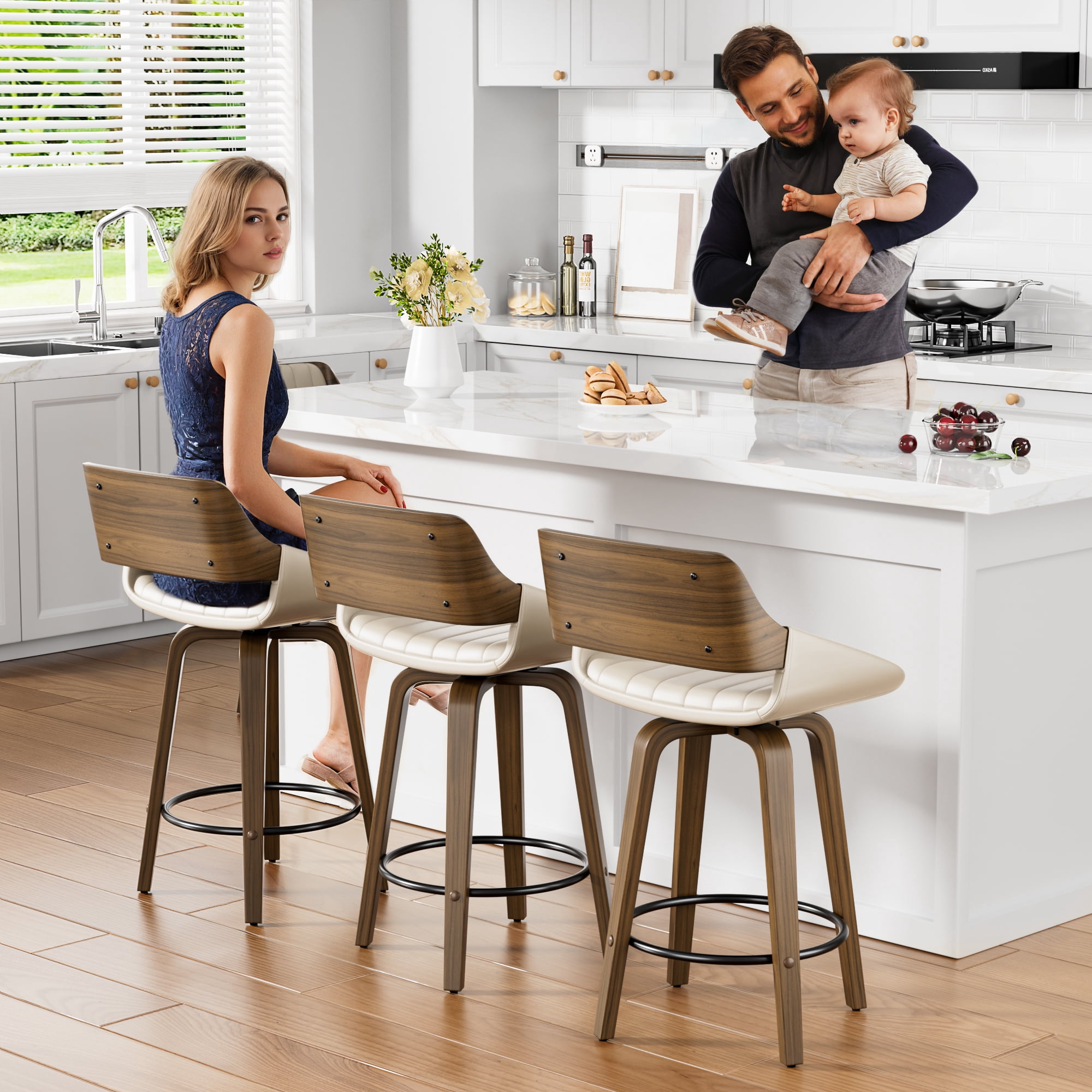 LainTene 26" Swivel Counter Height Bar Stool with Walnut Bentwood Frame, Faux Leather Seat & Footrest, Mid-Century Modern Chair for Kitchen Island, Bar, or Café (Set of 4)