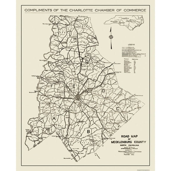Historic County Map - Mecklenburg County North Carolina - Ross 1922 - 23 x 28.31 - Vintage Wall Art