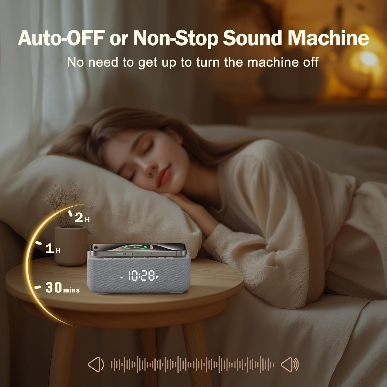 15W Fast Wireless Charging Alarm Clock with White Noise  for Bedroom & Office