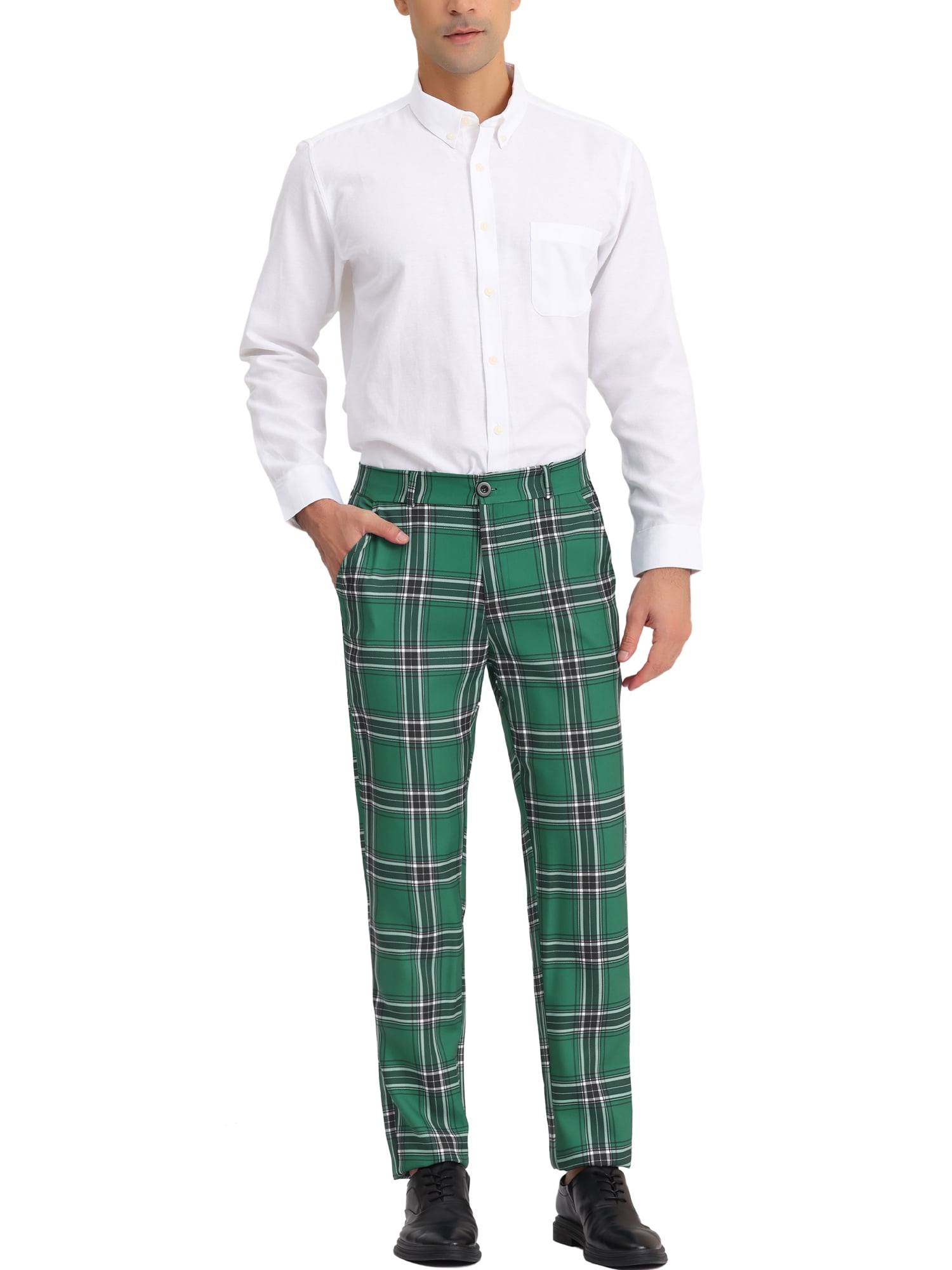 Unique Bargains Men's Flat Front Plaid Pants Formal Business Checked Trousers 38 Green Black