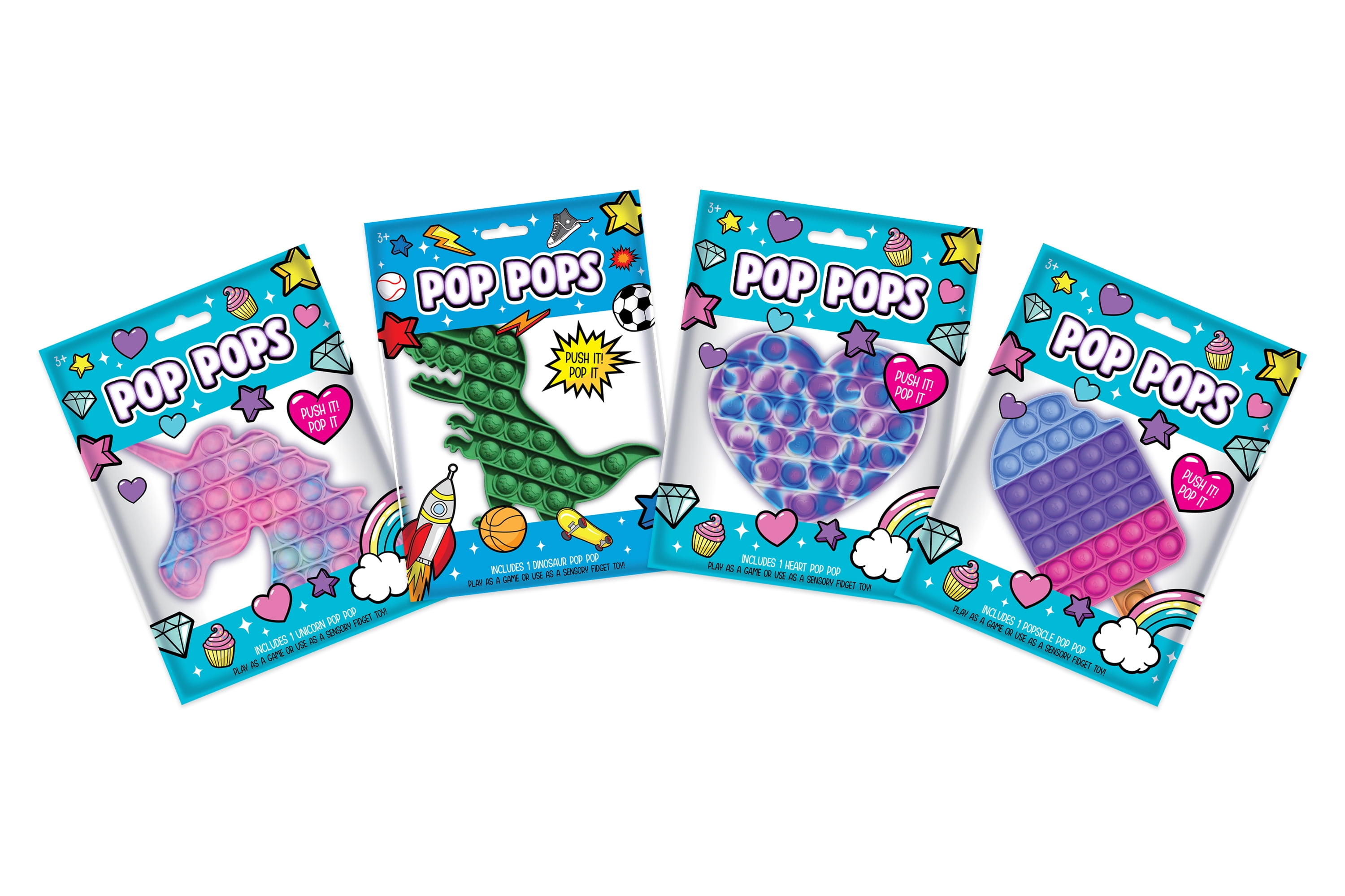 Pop Pops Sensory Fidget Heart, Unicorn, Dinosaur, Popsicle Toy Bundle, 4 Count