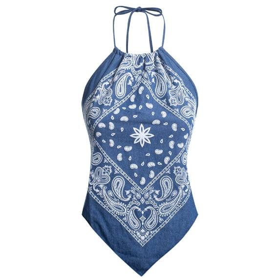Made by Olivia Women's Sexy Denim Paisley Halter Shirt Bandana Top- Made in USA