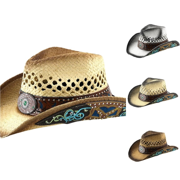 XIAOCHA Womens Embroidered Straw Cowboy Hat Breathable Structure Western Hats Outdoor Sun Protection Wide Brim Western Hat,Beige1