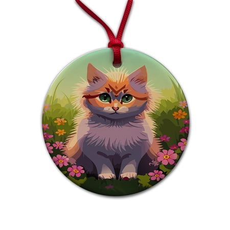 Munchkin Cat in Flower Garden Christmas Tree Holiday Round Ceramic Ornament