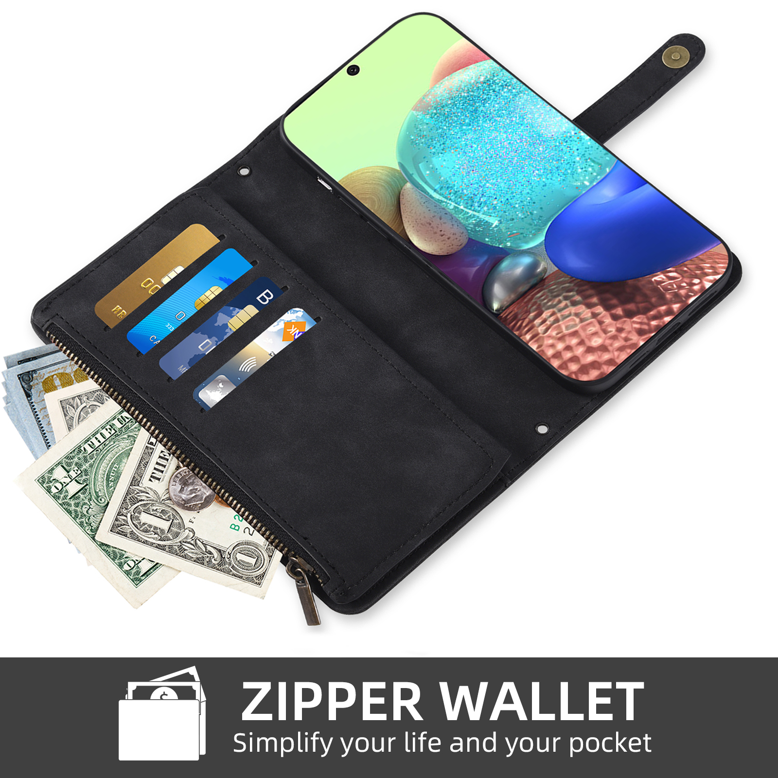 Asuwish Phone Case for Samsung Galaxy A71 5G Wallet Cover With Tempered Glass Screen Protector Crossbody Wrist Strap Flip Pattern Zipper Credit Card Holder Stand Cell A 71 G5 71A S71 Women Men Black