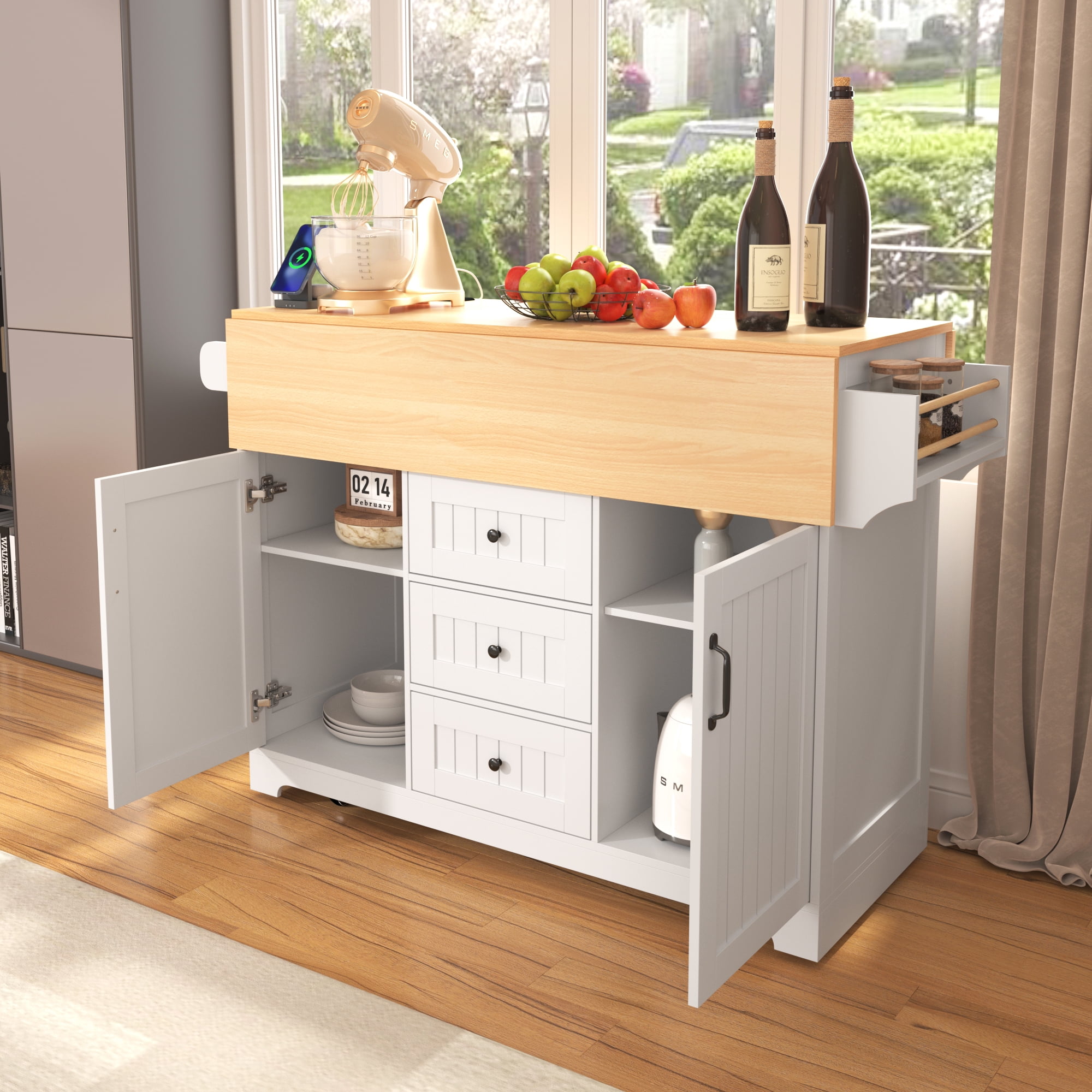 DEALTOPS 55.7" Large Kitchen Island with 2 Drop Leaf, 3 Drawers, Rolling Kitchen Cart on 5 Wheels with Power Outlet, Folding Storage Dining Table with Spice & Towel Rack for Kitchen-White