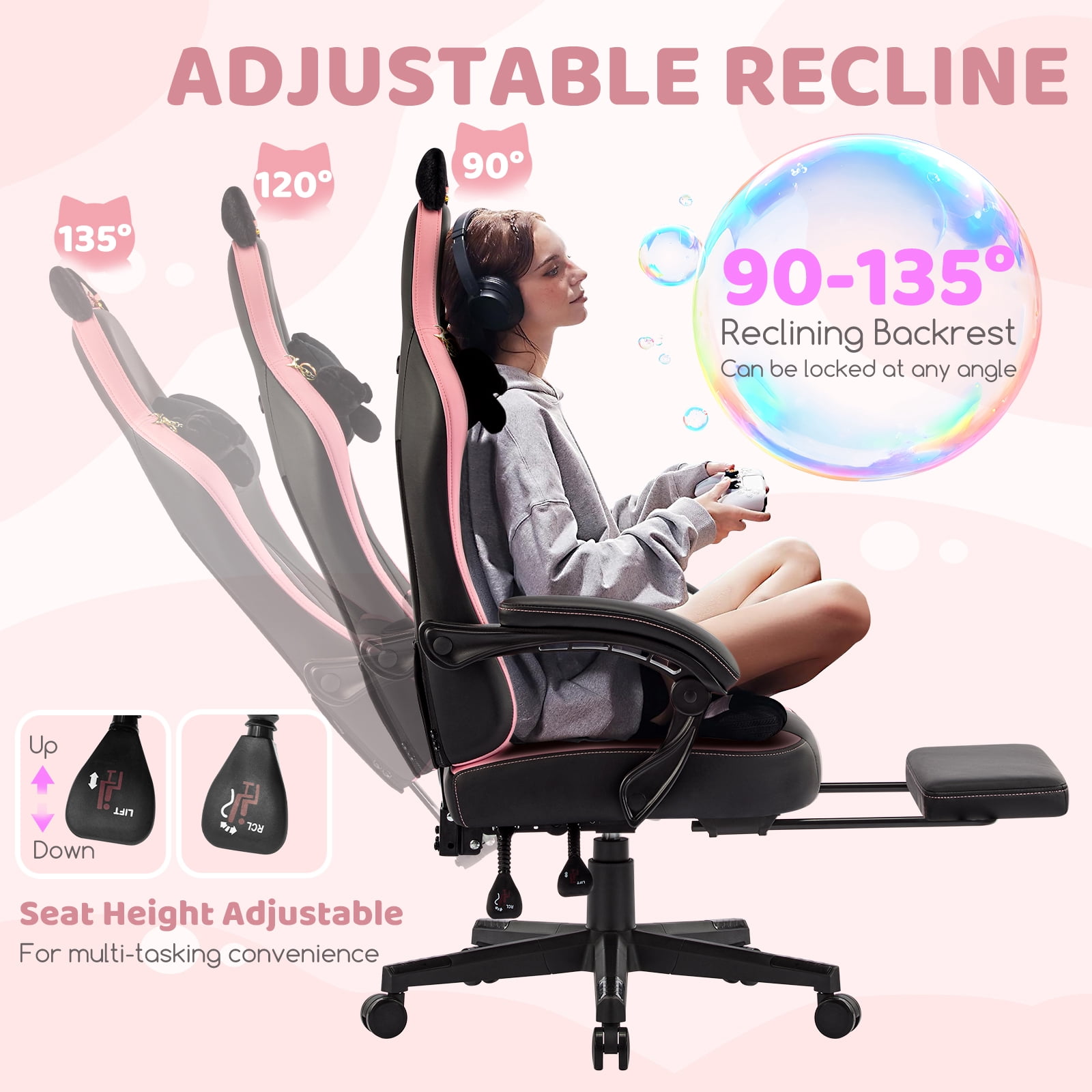 Falvinoryn Cute Gaming Chair, Ergonomic Computer Chair with Cat Ears for Girl, Lumbar Support and Headrest, Reclining Game Chair with Footrest. Black