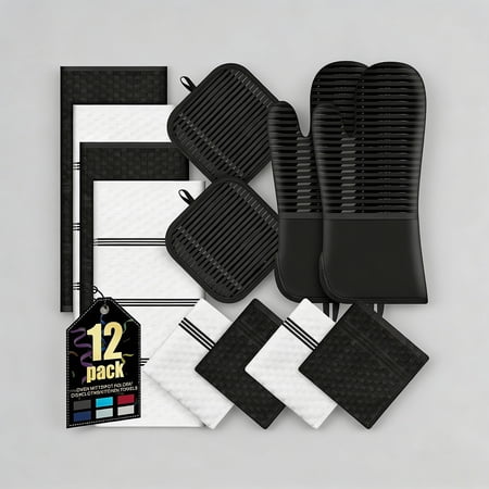 Oven Mitts Kitchen Towels and Dishcloths with Pot Holders Sets Oven Gloves Hot Pads 500°F Heat Resistant with Silicone Grip Include 2 Cooking Gloves/2 Potholders/4 Kitchen Towels/4 Dish Towels