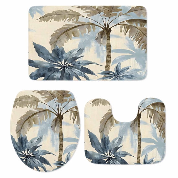 Palm Tree Beach Bath Mat 3 Piece Bathroom Rug Set, Watercolor Botanical Seaside Non Slip Bath Rug Contour Mat and Toilet Lid Cover, Absorbent Shower Mats Soft Bath Rugs and Mats Sets