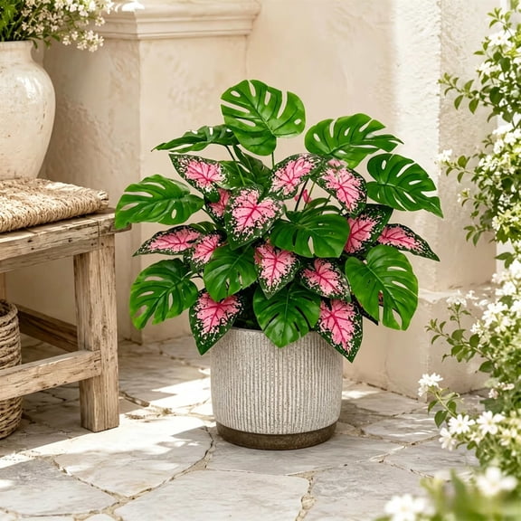 MMJ Artificial Monstera Caladium Foliage Faux Green Plants Potted Indoor Outdoor Home Office Decor 19.69x1.18in