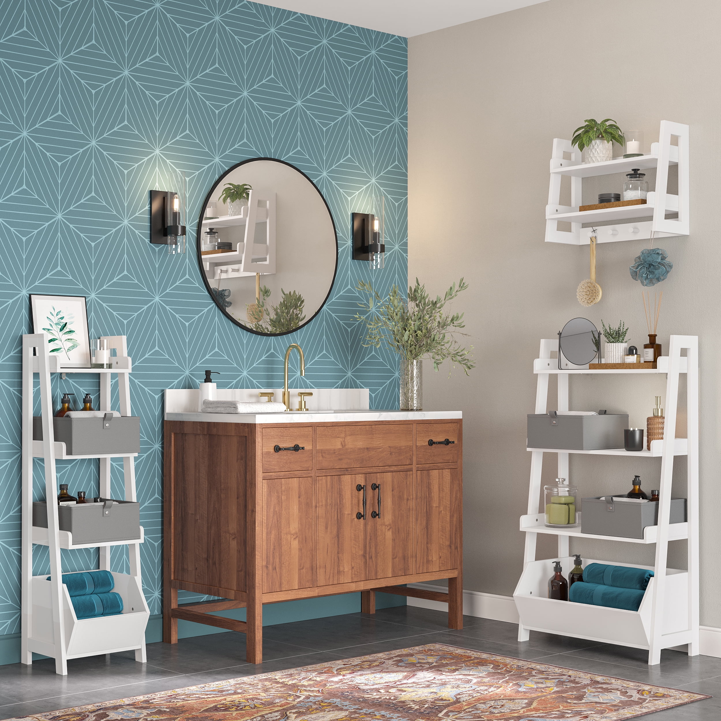 RiverRidge Amery 2-Tier Bathroom Ladder Shelf with Open Storage and Towel Hooks - White