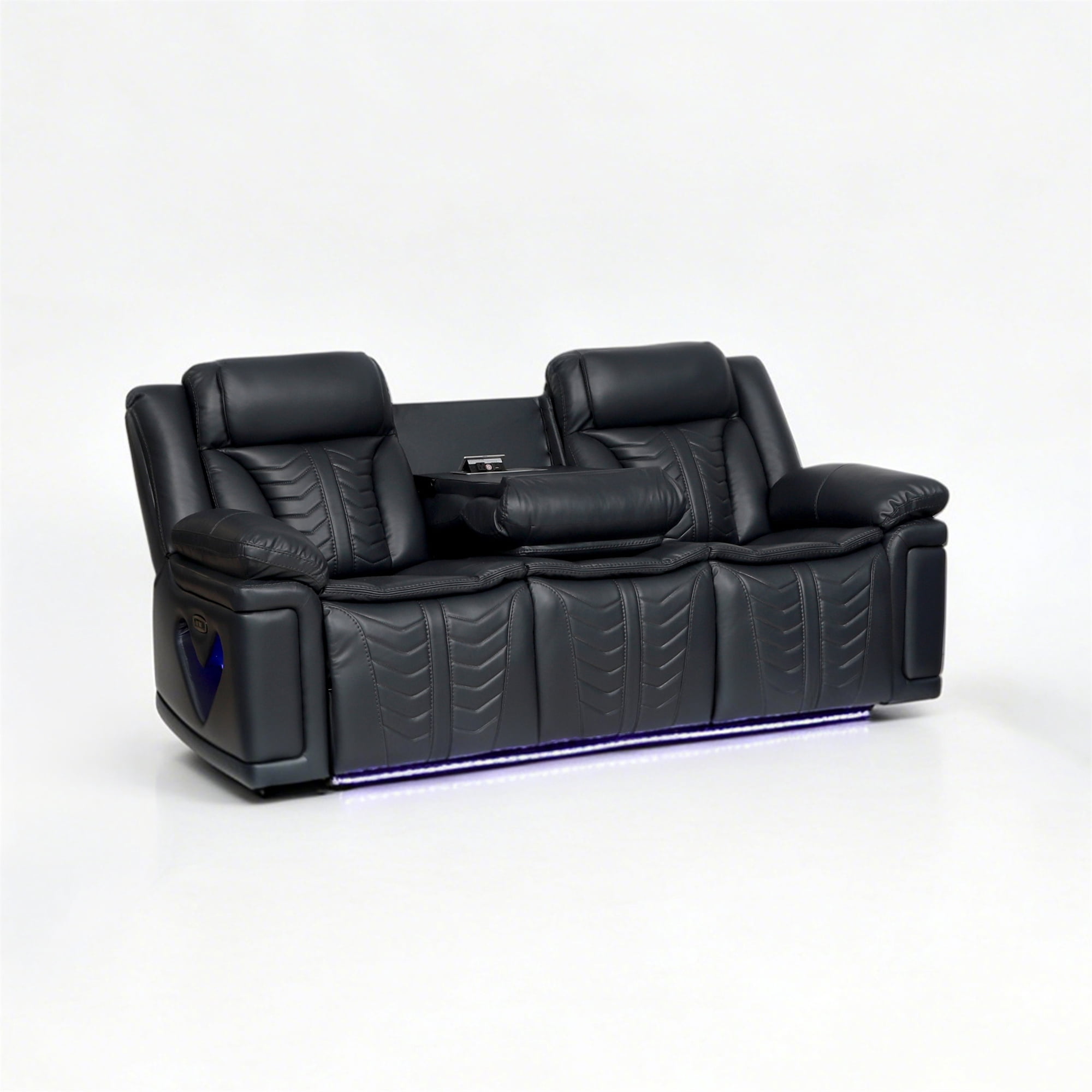 Electra Luxury 2-Piece Power Reclining Living Room Set - Dark Grey Faux Leather Motion Sofa and Loveseat with LED Lighting, Bluetooth Speakers, Drop-Down Table, and Wireless Charging