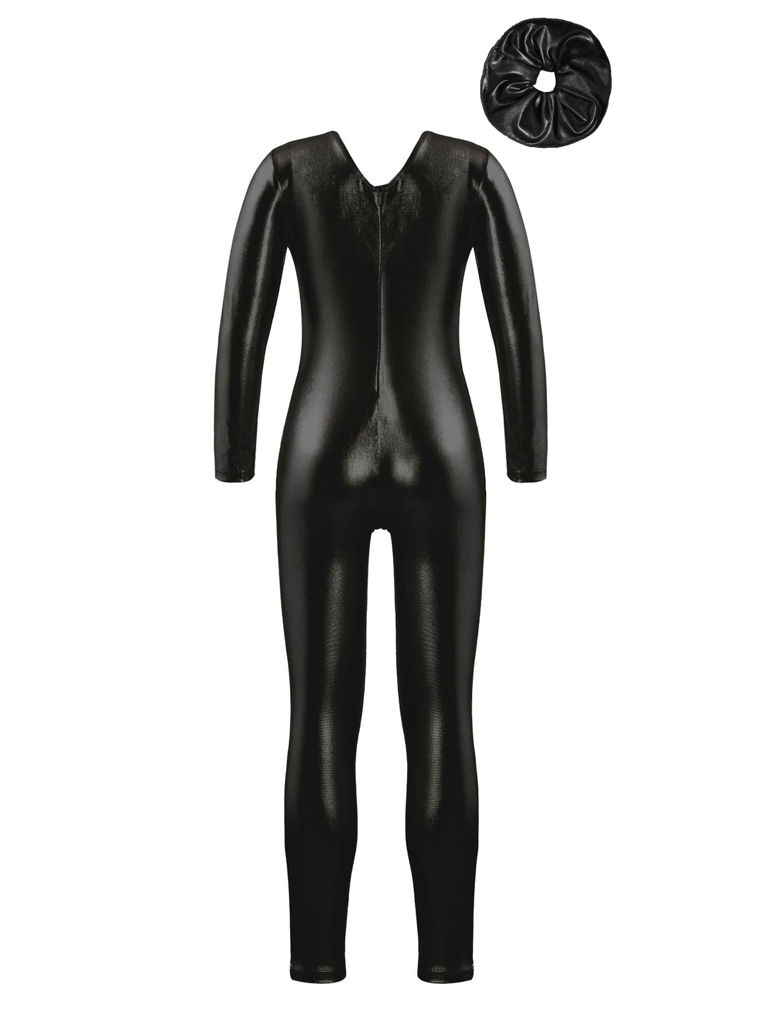 Doomiva Kids Girls Shiny Metallic Long Sleeve Full Body Bodysuit One Piece Jumpsuit with Hair Band Set Black 6