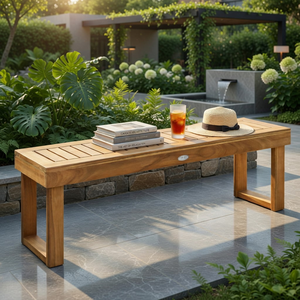 Hommoo 52" Solid Acacia Wood Outdoor Dining Bench, Teak-Colored Slatted Patio Bench for Backyard, Poolside & Indoor Use, Natural