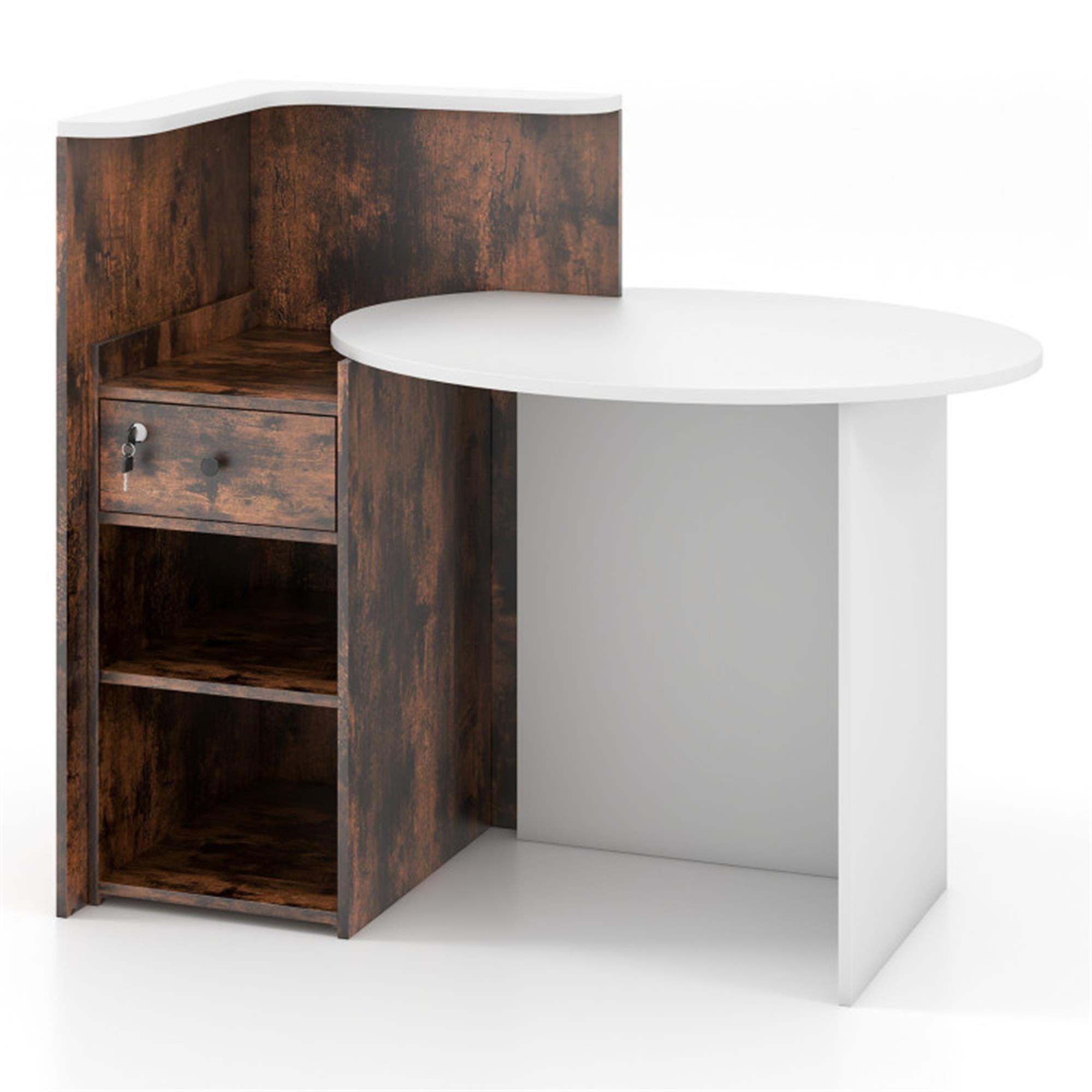 Demi Bonn Front Reception Office Desk with Open Shelf and Lockable Drawer, Small Home Computer Desk Study Writing Table, White + Brown