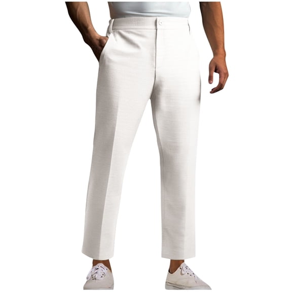 UAMVSH Mens Vintage Stylish Dress Pants Soft Straight Business Suit Pants with Pockets Plain Button Work Office Trousers(X-Large,White)