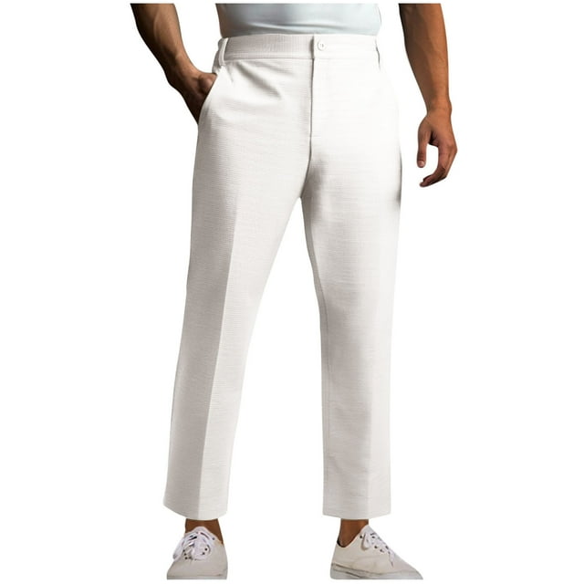 Casual Trousers for Men, Solid Color Waffle Texture with Front Pockets, Straight Leg Full Length, Polyester Blend, Standard Thickness, for Outdoor Wear