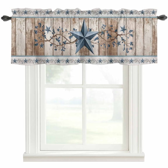 Texas Star Rustic Farmhouse Short Window Curtain Valances, Country Blue Berry Brown Wooden Plank Rod Pocket Kitchen Valances for Living Room Bedroom Bathroom Cafe 54" x 18"