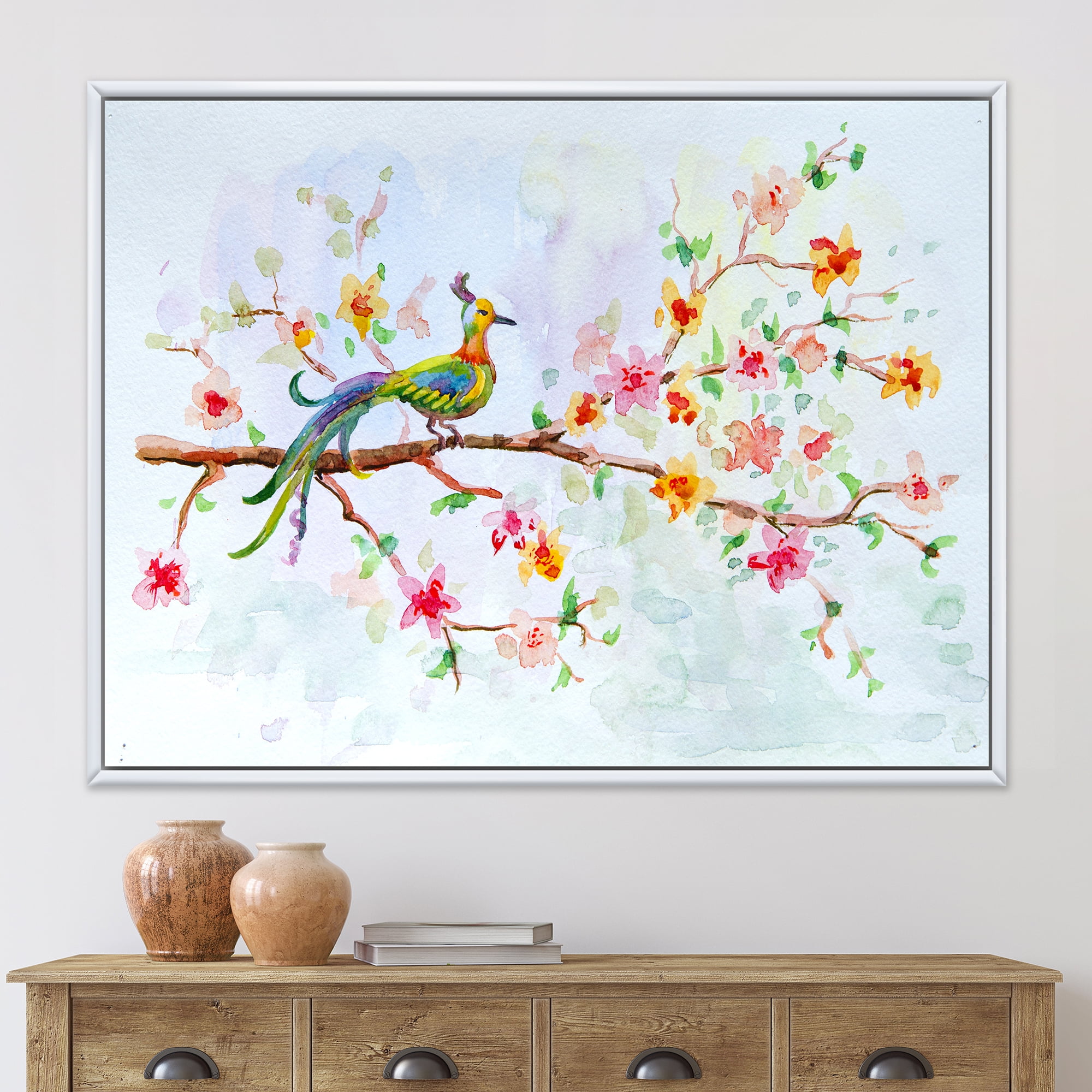 Designart 'Little Bird Sitting On Blooming Branch' Traditional Framed Canvas Wall Art Print