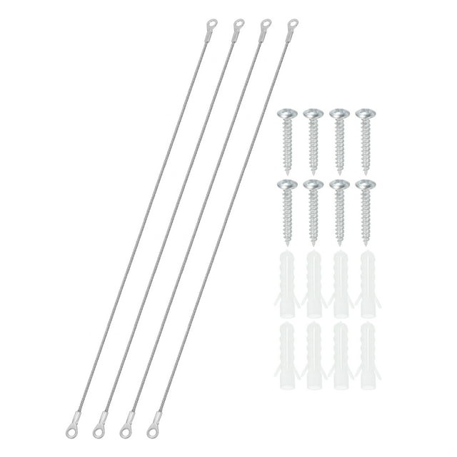 Stainless Steel Lanyard Cable with Eyelets 0.08" x 20" 2mm x 50cm Lock Security Wire Rope with Mounting Screws, 4 Pack